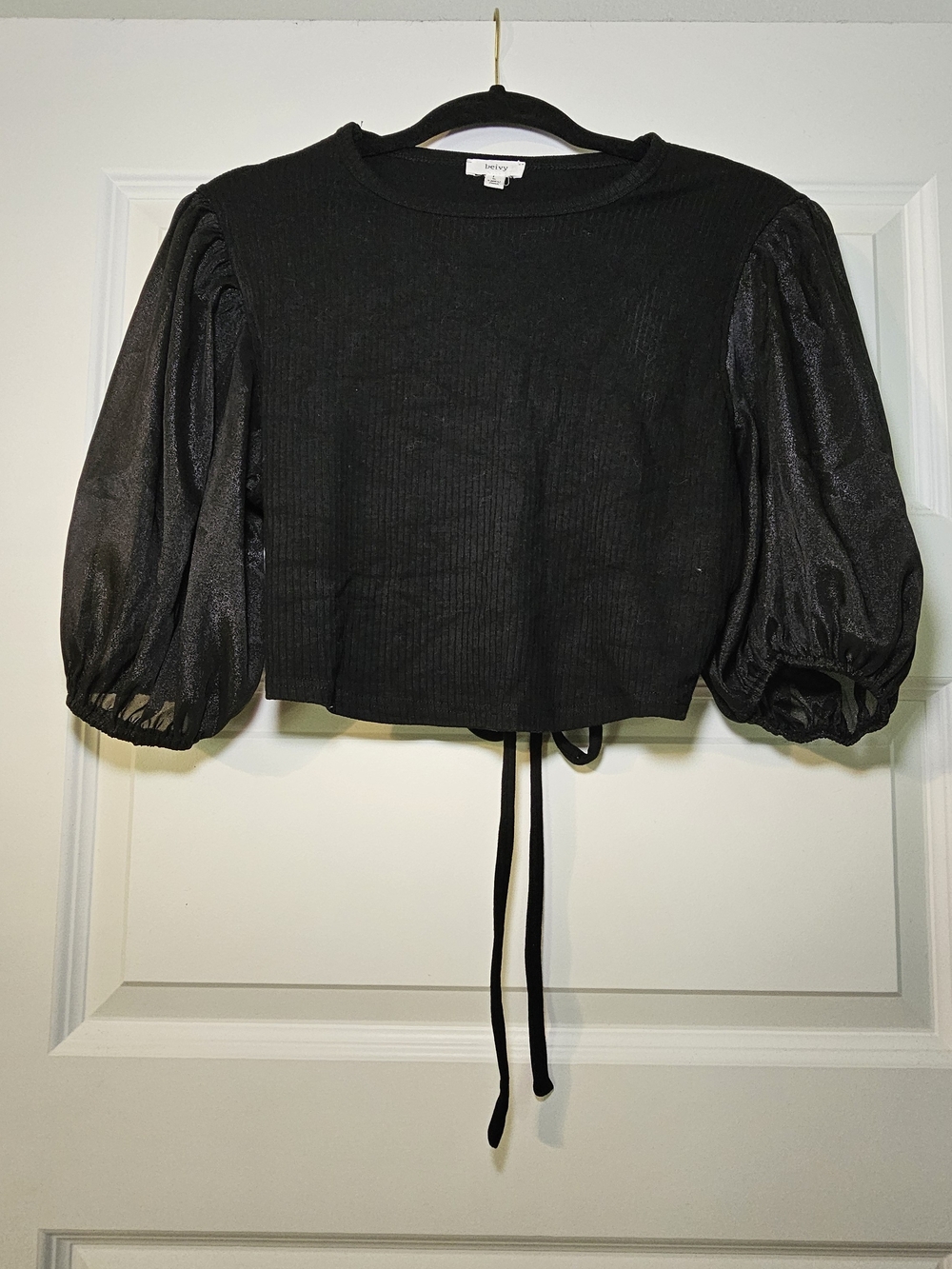 Beivy Black Cropped Top with Sheer Puff Sleeves